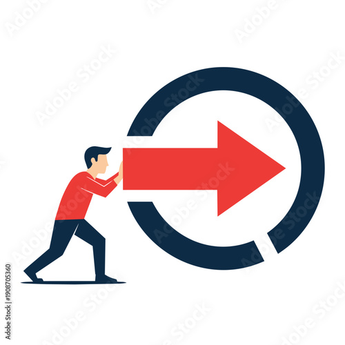 A man pushing a large red arrow through a dark blue circular target, symbolizing progress and effort in achieving goals.