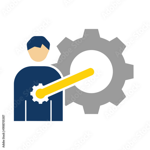 Stylized illustration of a person connected to a large gear, symbolizing internal mechanism, control, or system integration.