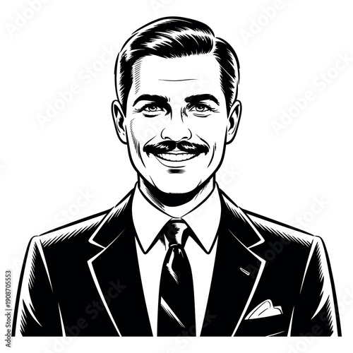 A smiling businessman in a suit and tie stands confidently with a white background