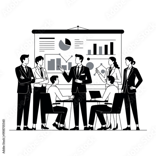 A group of business professionals engaged in a meeting with a presentation in the background.