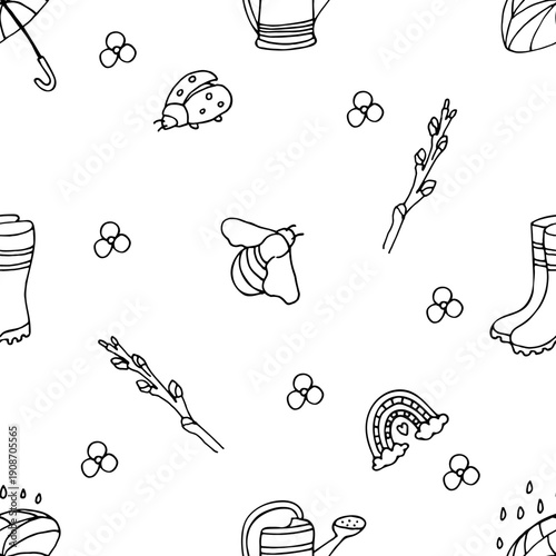  Seamless spring pattern with a bumblebee and a ladybug. Simple doodle style vector black and white. 
