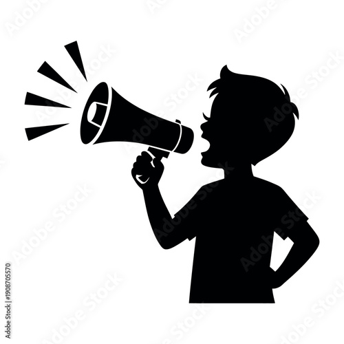 A silhouette of a young boy holding a megaphone and shouting loudly.