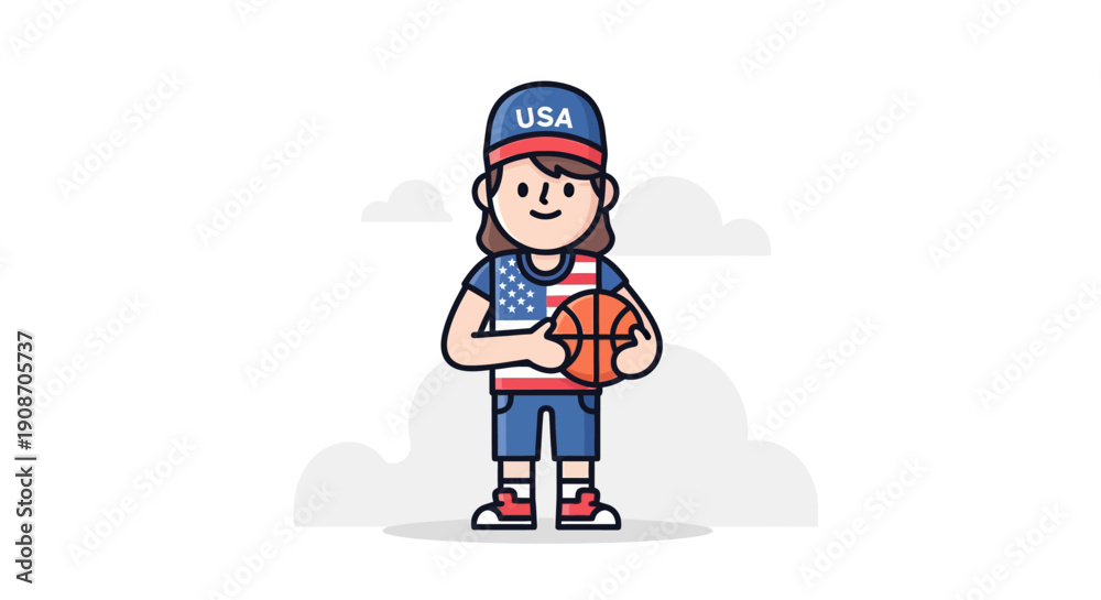 Naklejka premium Cartoon Female Basketball Player with Ball and USA Cap