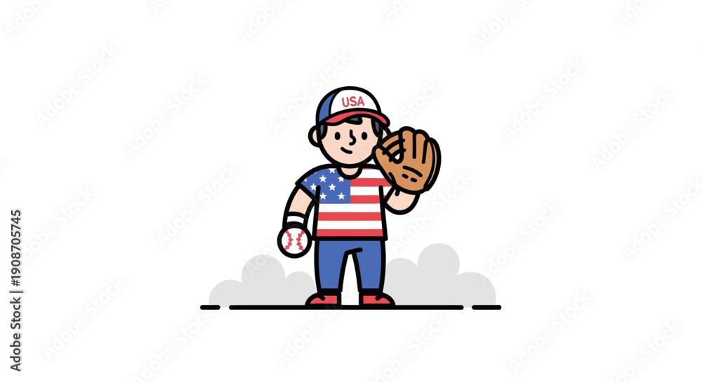 Fototapeta premium Cute Baseball Player Cartoon Illustration with American Flag Uniform