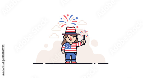 Child Celebrating Independence Day with Fireworks and American Flag Hat