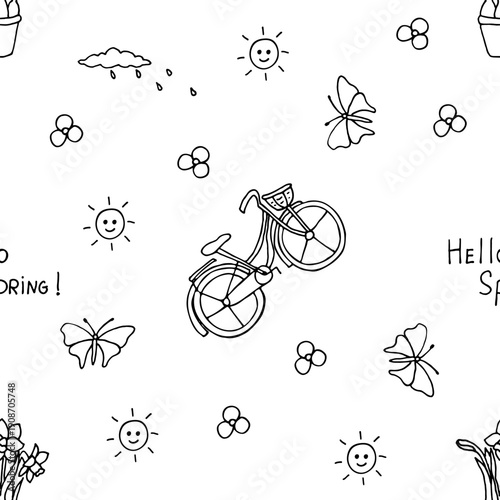 Seamless spring pattern with a bicycle. Simple doodle style vector black and white. 