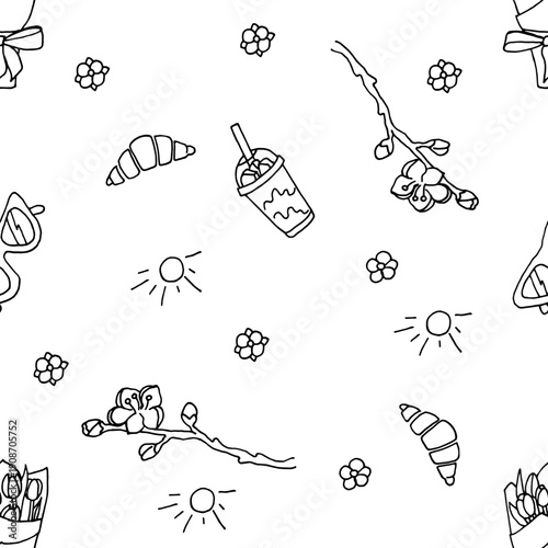 Seamless spring pattern with iced latte. Simple doodle style vector black and white. 
