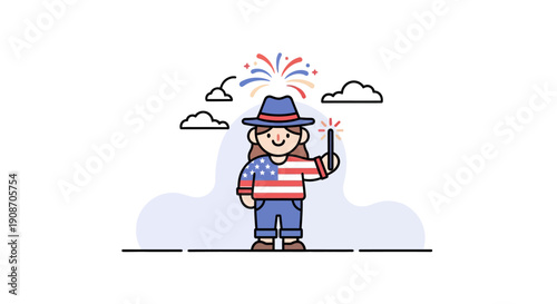 Cute Child with Fireworks Celebrating Outdoors