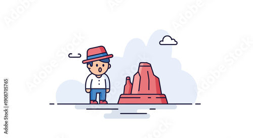Cute Cartoon Boy Wearing Hat in Desert Landscape