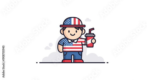 Cartoon Boy in Patriotic Outfit Drinking from Cup