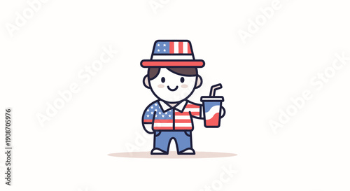 Cute cartoon boy dressed in American flag-themed outfit holding drink