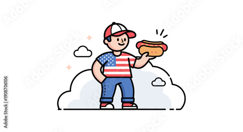 Cute Child in Baseball Cap Holding Hot Dog on Cloudy Sky Background