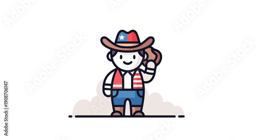 Cute Cartoon Girl in Cowboy Hat and Outfit
