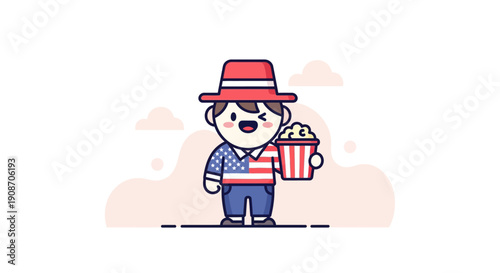 Cute Cartoon Child Holding Gift Box and Cake