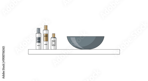 Three cosmetic or lotion bottles in gold and silver packaging next to a gray bowl, all resting on a white shelf.