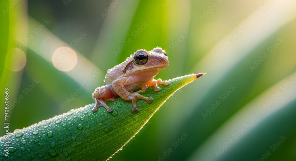 Fototapeta premium Macro photo of a frog clinging to wet leaves and twigs.