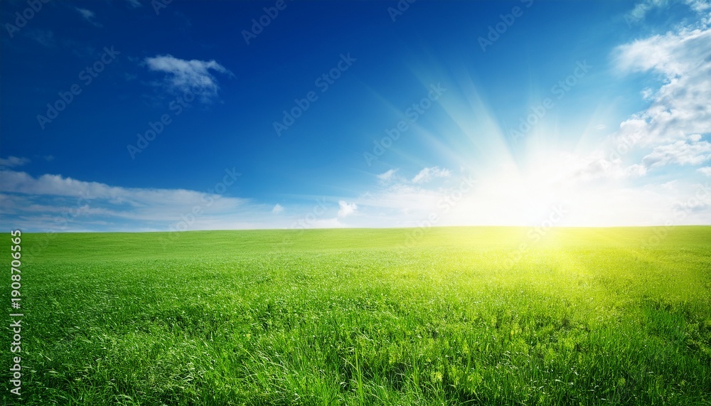 Fototapeta premium Summer Sunny Background With Blue Sky And Green Meadow