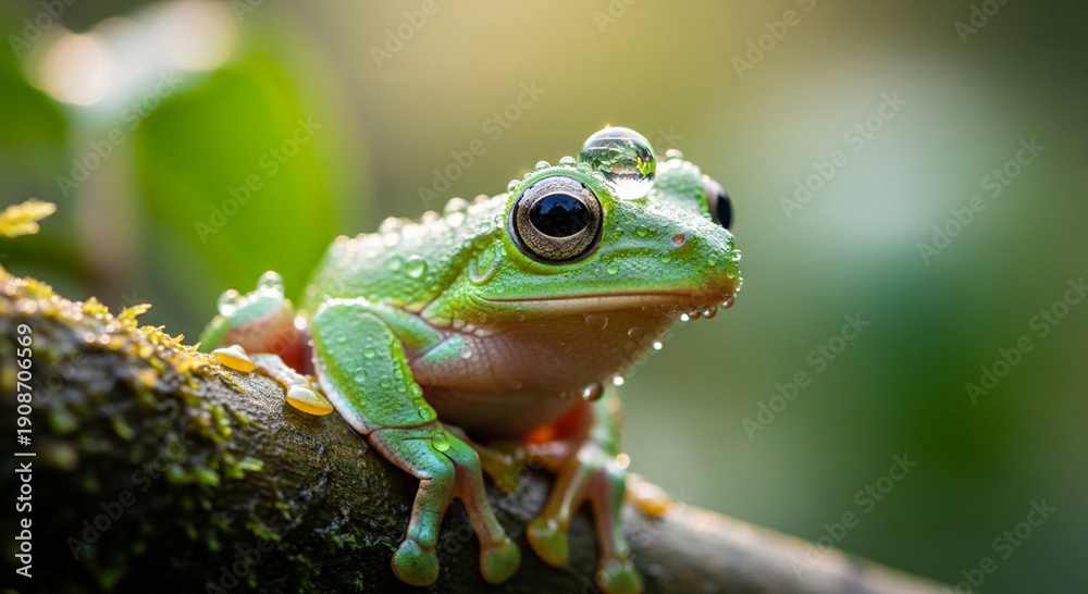 Fototapeta premium Macro photo of a frog clinging to wet leaves and twigs.