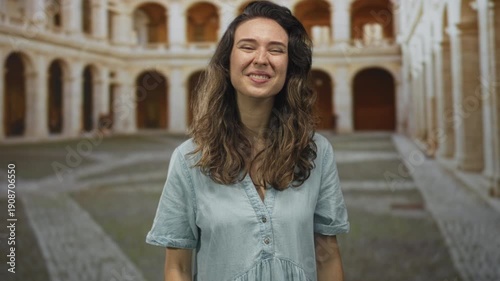 Woman showing middle finger in a sunlit building courtyard with arched corridors and worn stone floors; defiance.