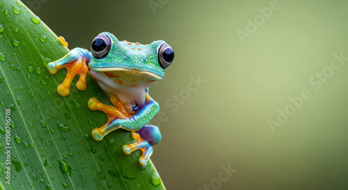 Macro photo of a frog clinging to wet leaves and twigs.