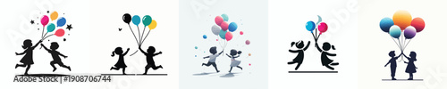 Silhouette of a Kids Playing with Balloons Vector Illustration