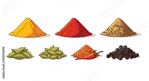 Eight distinct piles of colorful spices including powders, whole cardamom pods, dried chilis, and black peppercorns.