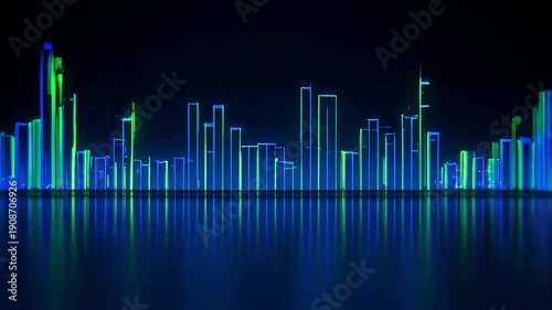 Abstract cityscape made of glowing blue and green rectangular bars reflects on a watery surface