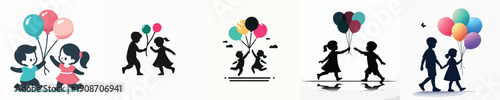 Silhouette of a Kids Playing with Balloons Vector Illustration