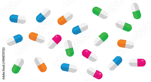 Numerous multi-colored pharmaceutical capsules and pills are randomly scattered across a clean white surface.