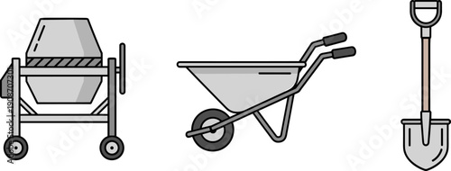 Construction tools including a cement mixer, wheelbarrow, and shovel on a white background