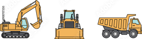 Set of three yellow construction vehicles: excavator, bulldozer, and dump truck
