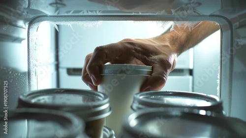 Man's hand reaching for a white container of ice cream inside a cold freezer. Cool blue lighting and visible frost on the shelf create a chilly atmosphere. Frozen food storage concept.