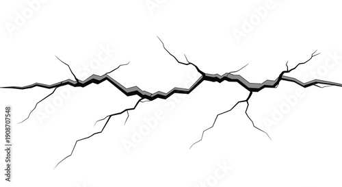 A dramatic, deep, and winding jagged crack in a solid surface with multiple branching lines and shadows.