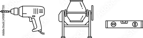 Collection of construction tools including a drill, cement mixer, and spirit level