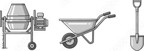 Construction tools including a cement mixer, wheelbarrow, and shovel on a white background
