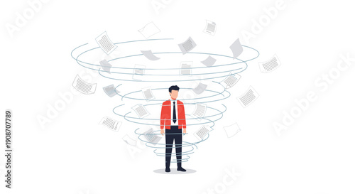 A calm businessman stands centered within a swirling tornado of organized documents and flying papers.