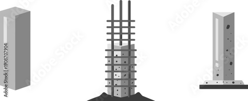 Construction pillars showing different stages of development and materials