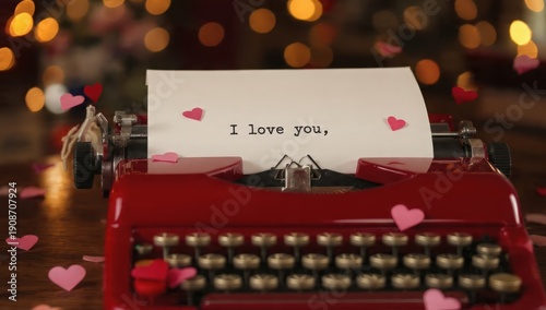 Romantic Vintage Typewriter with Love Note and Heart Decorations