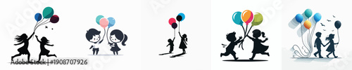 Silhouette of a Kids Playing with Balloons Vector Illustration