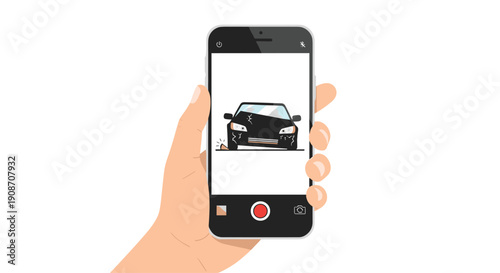 Hand holding smartphone to photograph a damaged black car, initiating an auto insurance claim process.