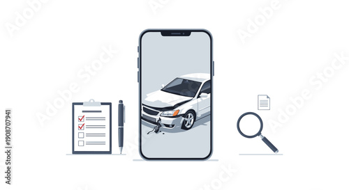 Crashed car displayed on smartphone for insurance claim, next to a checklist, pen, magnifying glass, and policy document.