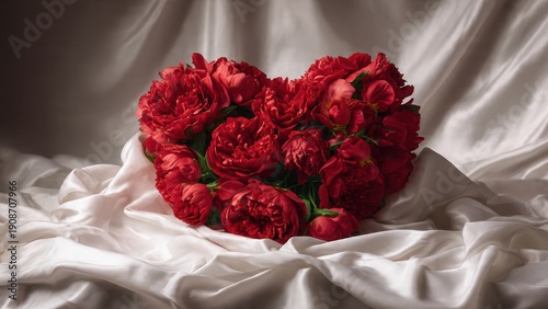 Heart-Shaped Arrangement of Red Flowers on Luxurious White Silk