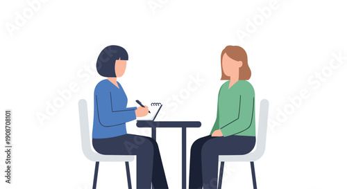 Two women sitting at a small table, one writing on a notebook, engaging in a conversation.
