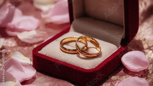 Elegant gold wedding rings on soft fabric with rose petals background