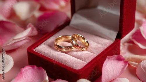 Elegant Wedding Rings in Red Velvet Box Surrounded by Petals
