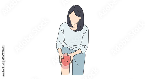 Woman standing, holding her knee with both hands, with a red indication of knee pain.