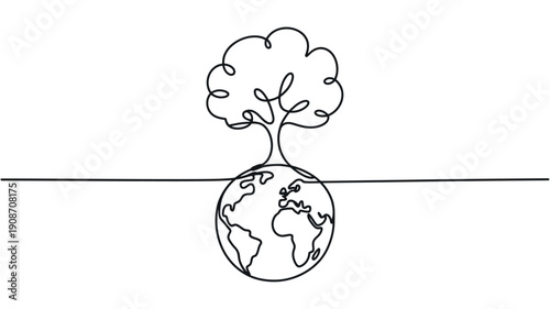 A simple line drawing of a tree growing out of the Earth, symbolizing growth and harmony with nature.