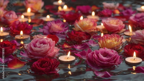 Floating Roses and Candle Lights on Calm Water Surface at Night