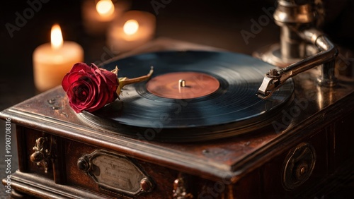 Classic Record Player with Red Rose and Soft Candlelight Ambiance