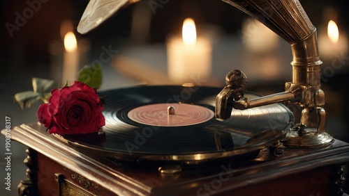 Vintage gramophone with vinyl record and rose by candlelight